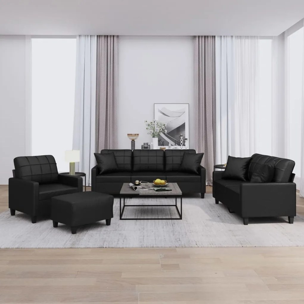4 pcs conjunto de sofás com almofadas couro artificial preto