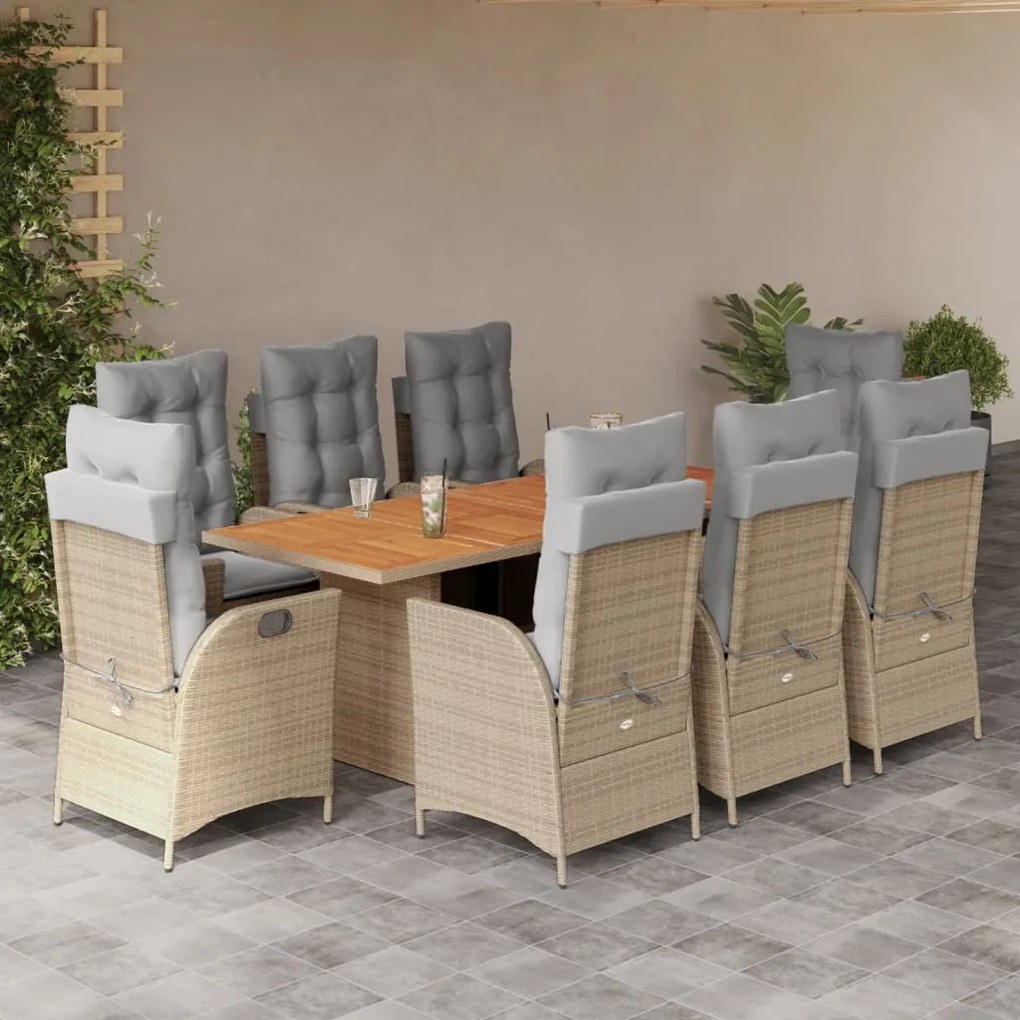 vidaXL 9 pcs conj. jantar jardim c/ almofadões vime PE bege misturado