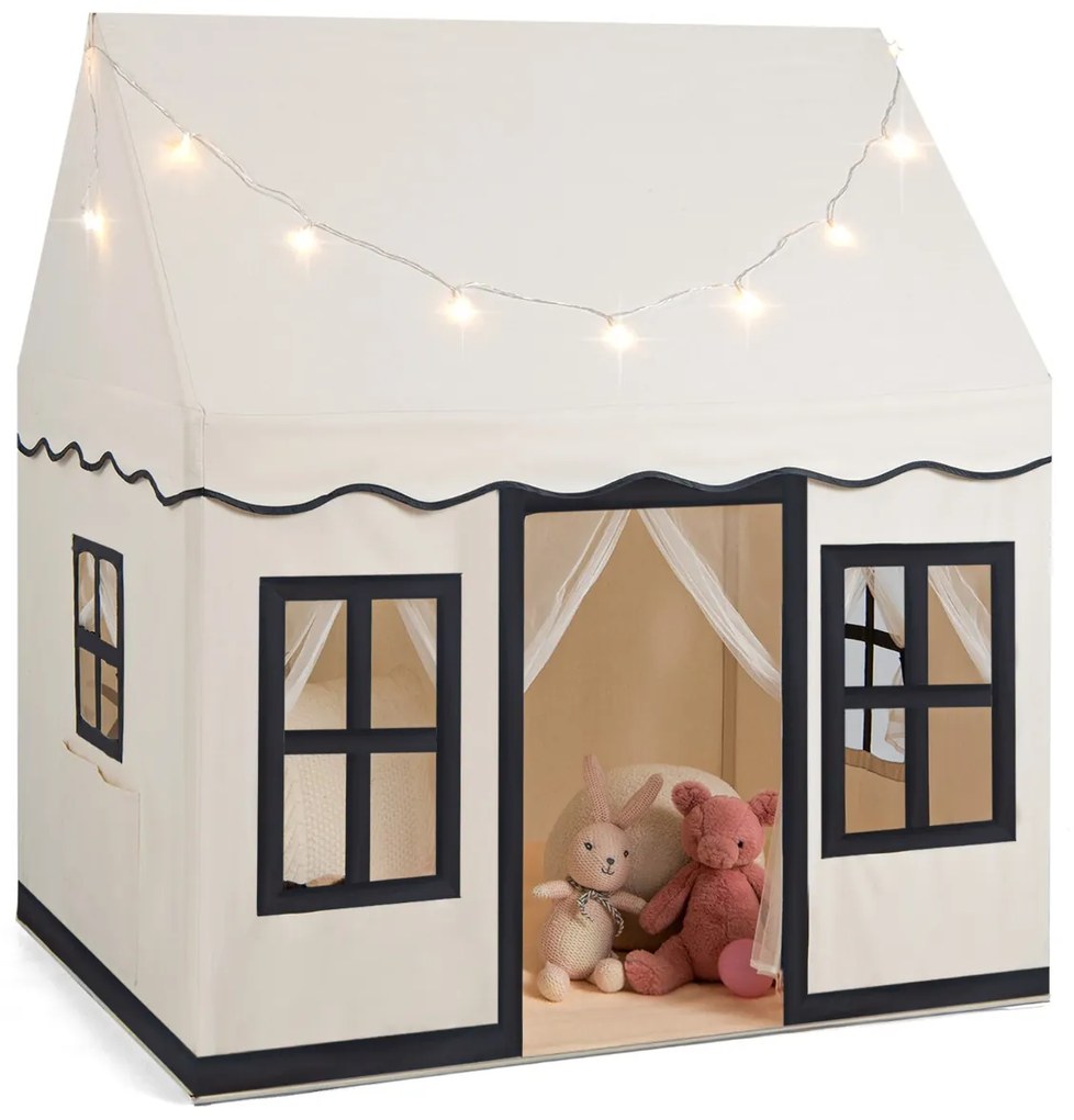 Tenda Infantil com Luzes Estreladas e Tapete Lavável Antiderrapante 121 x 101 x 137 cm Bege e Preto