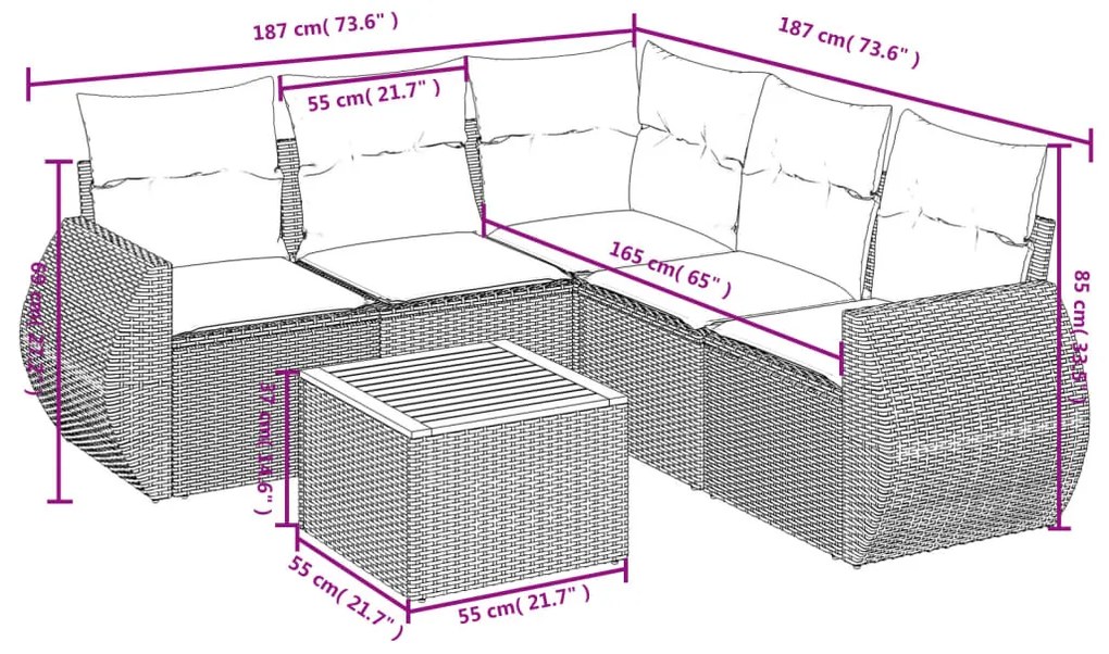 6 pcs conjunto sofás de jardim c/ almofadões vime PE preto