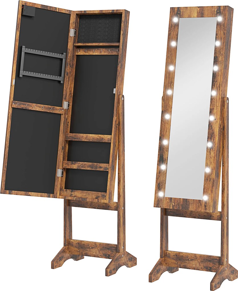HOMCOM Armário de Joias com Espelho Regulável e Luzes LED 36x30x136 cm Castanho Rústico | Aosom Portugal