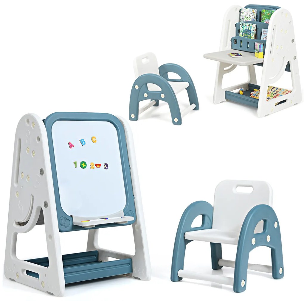 Quadro de pintura infantil 2 em 1 quadro-negro frente e verso e estante com cadeira e superfície dobrável 62,5 x 53 x 71-100 cm Azul