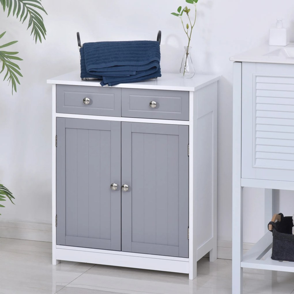 Móvel de casa de banho com 2 gavetas 60 x 30 x 75 cm, armário de duas portas e prateleira ajustável,  cinzento