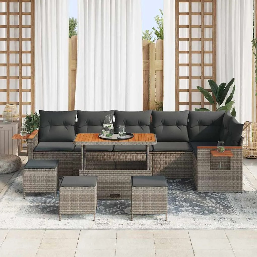 Conjunto de Sofás de Jardim vidaXL com 10 Peças e Almofadas Cinza Poli