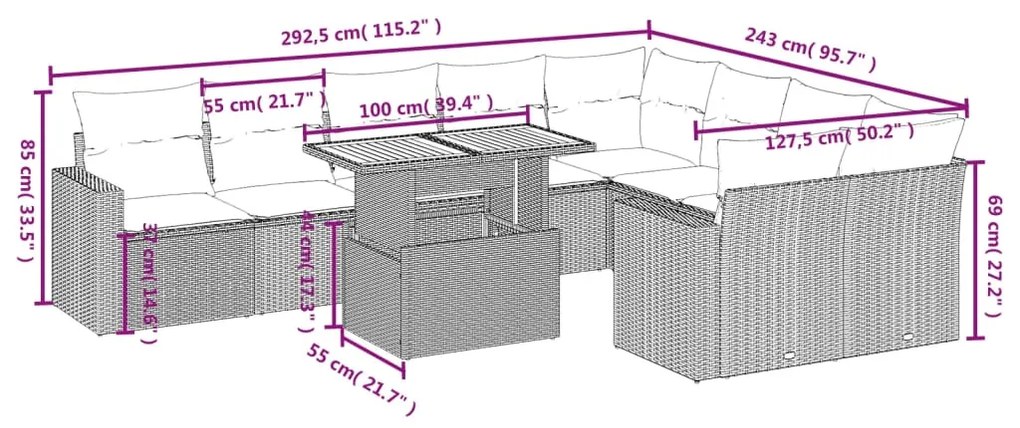 10 pcs conjunto de sofás p/ jardim com almofadões vime PE bege