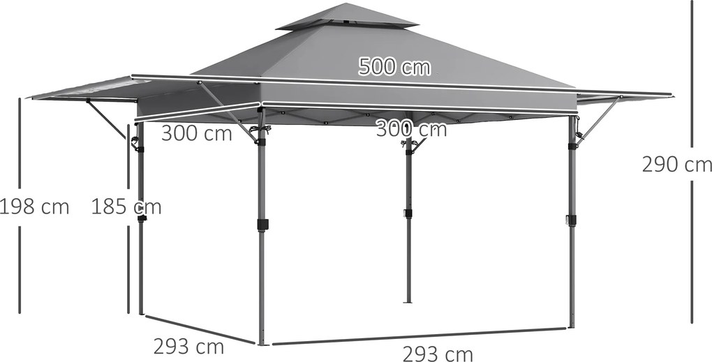 Tenda pop-up dobrável para jardim, 5 x 3 m, em tecido Oxford com 2 paredes ajustáveis, incluindo saco de transporte com Rodas cinzento