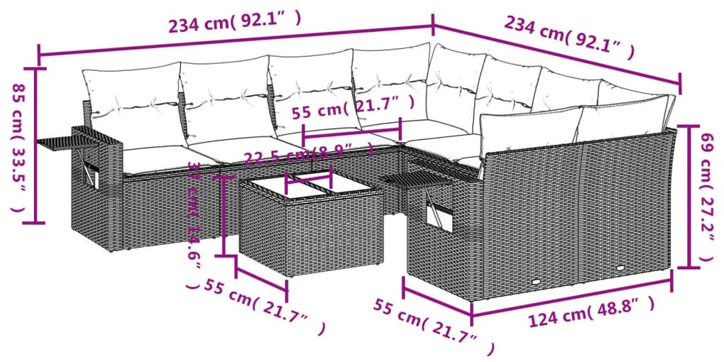 9 pcs conjunto de sofás p/ jardim com almofadões vime PE bege