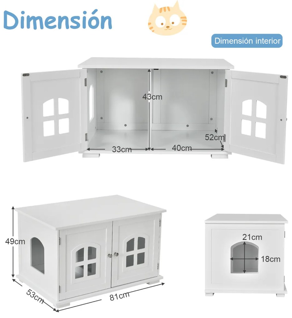 Caixa de areia para gatos com portas e janelas duplas 81 x 53 x 53 x 49 cm Branco