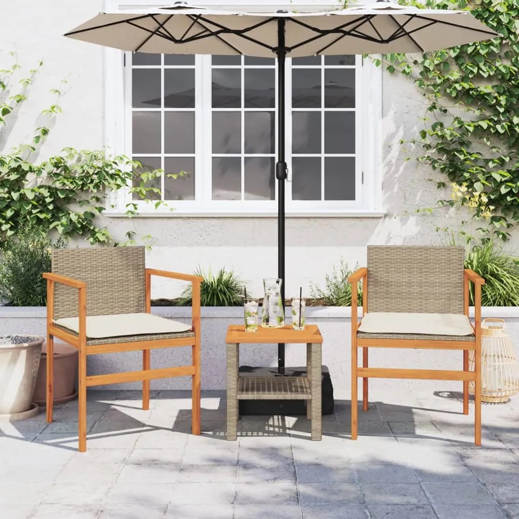 Cadeiras de jardim c/ almofadões 2 pcs vime PE/madeira bege