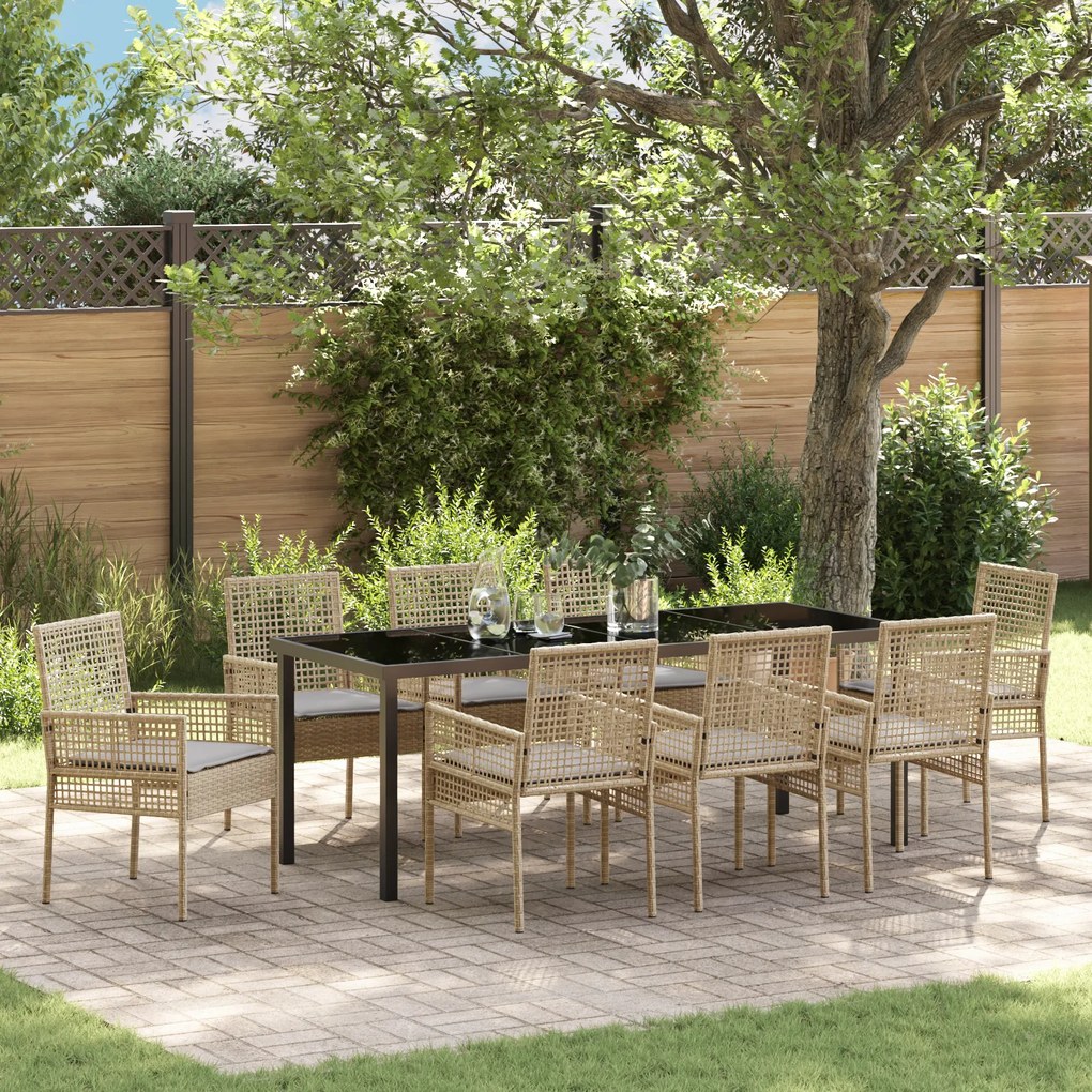 Conjunto de Jantar de Jardim de 9 Peças com Cushions Bege Rattan Poli