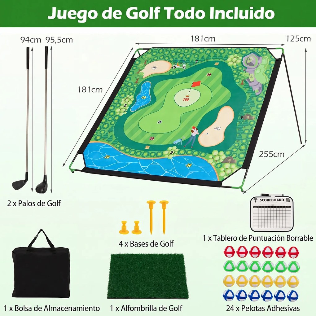 Conjunto de Golfe Infantil, 255 x 181 x 125 cm, 7 Níveis de Inclinação Ajustáveis, Multicolor