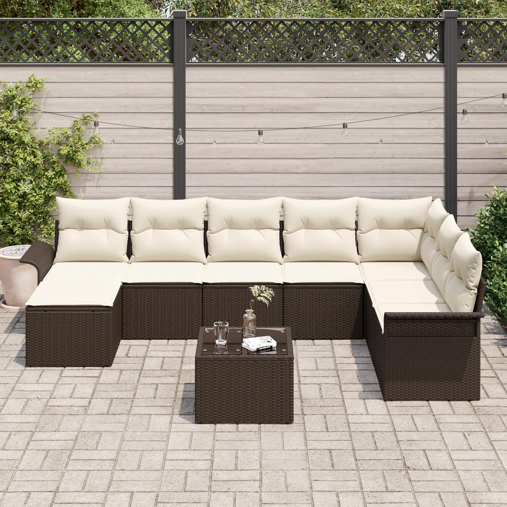 Conjunto de Sofá de Jardim com Almofadas de 8 Peças Castanho de Polira