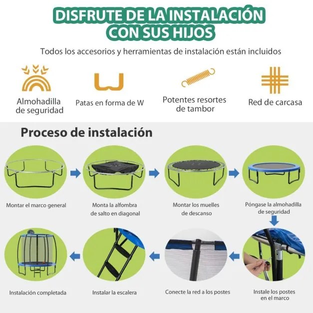Trampolim ao ar livre 245 cm com cesto de basquetebol, almofada de segurança e escada para crianças e adultos azul e preto