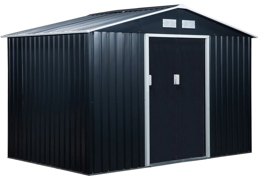 Outsunny Abrigo de Jardim Exterior Abrigo e Jardim Metálico para Armazenamento de Ferramentas com Base Incluída e 4 Janelas 277x195x192cm Cinza Escuro