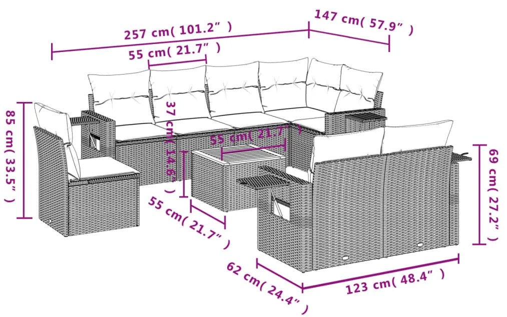 9 pcs conj. sofás jardim c/ almofadões vime PE bege misturado