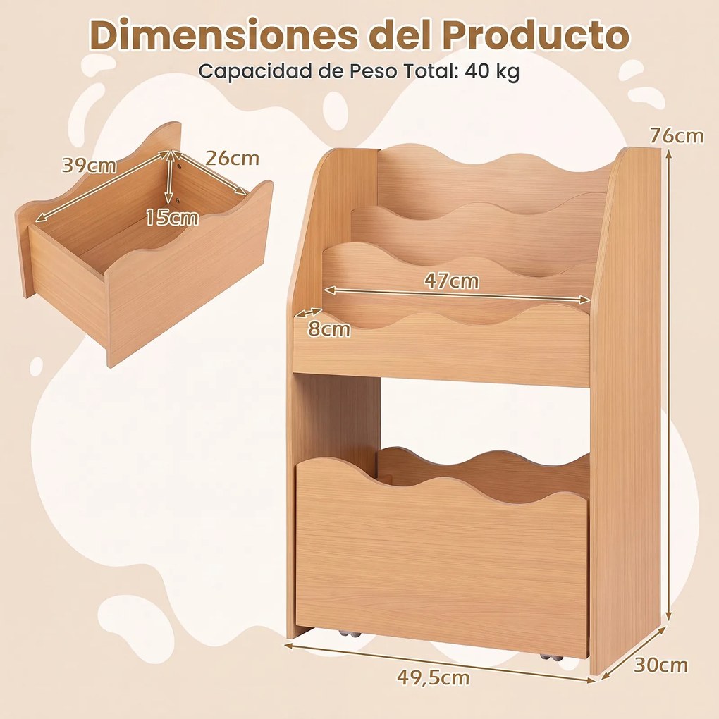 Estante Infantil para Brinquedos, 49,5 x 30 x 76 cm, Gaveta com Rodas Removível, Natural