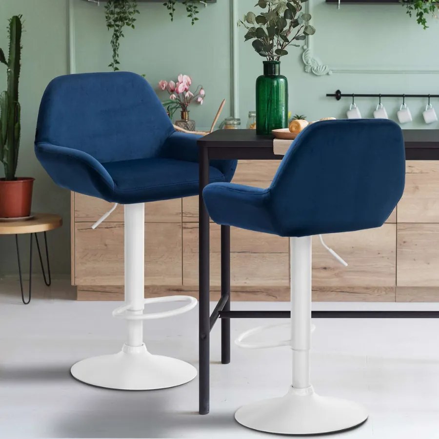 Conjunto de 2 bancos altos em veludo com estrutura branca 89-109 x 51 x 52 cm azul