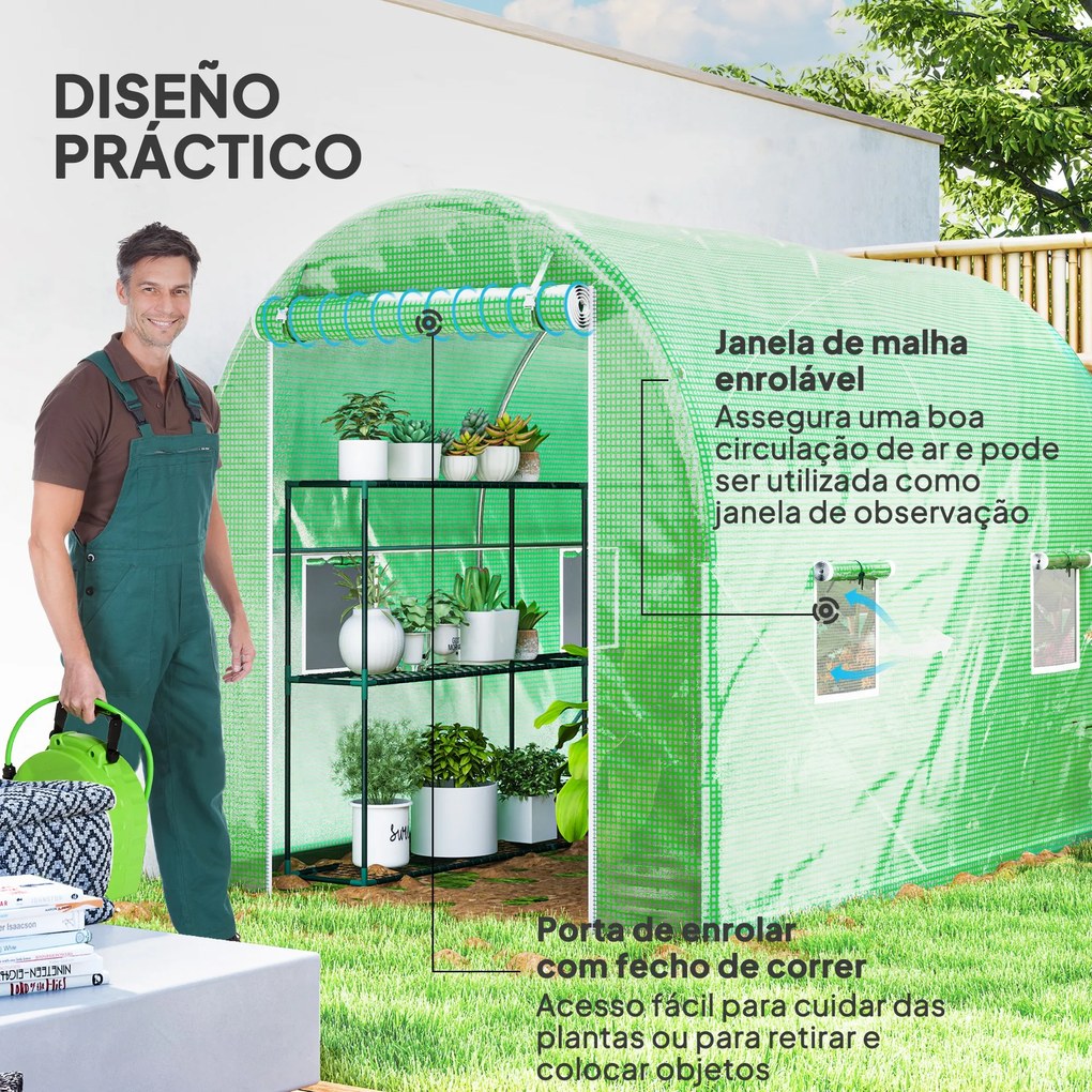 Estufa Tipo Túnel 298x197x189 cm com Porta e 4 Janelas para Cultivo de Plantas e Verduras com Cobertura PE 140g/㎡ Verde