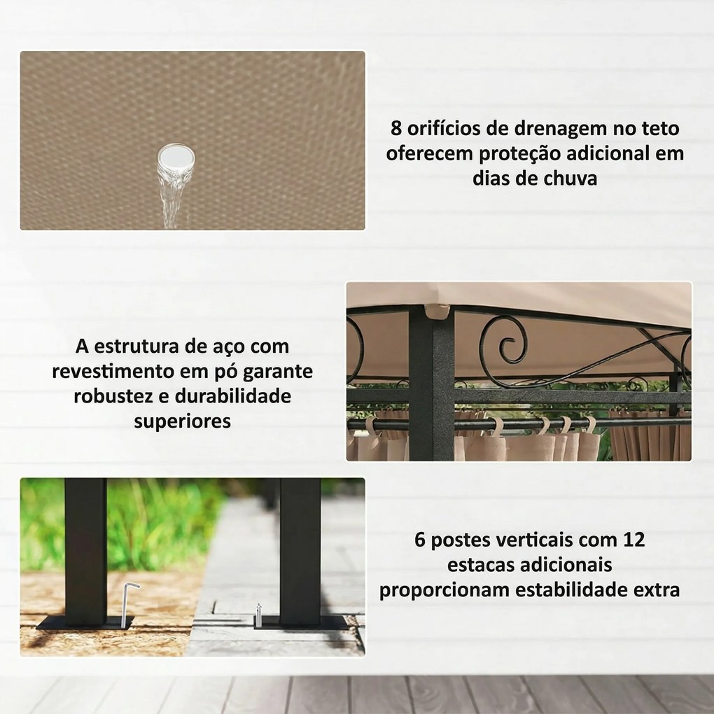 Pérgola para Jardim 3x4 m Pérgola de Exterior com Telhado Duplo 6 Paredes Laterais Estrutura Metálica Caqui