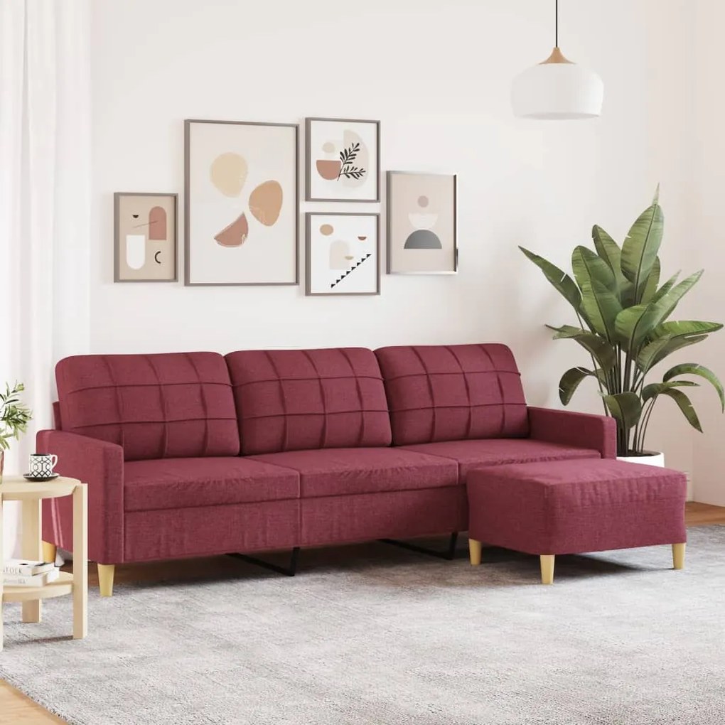 vidaXL Sofá de 3 lugares com apoio de pés 210 cm tecido vermelho tinto