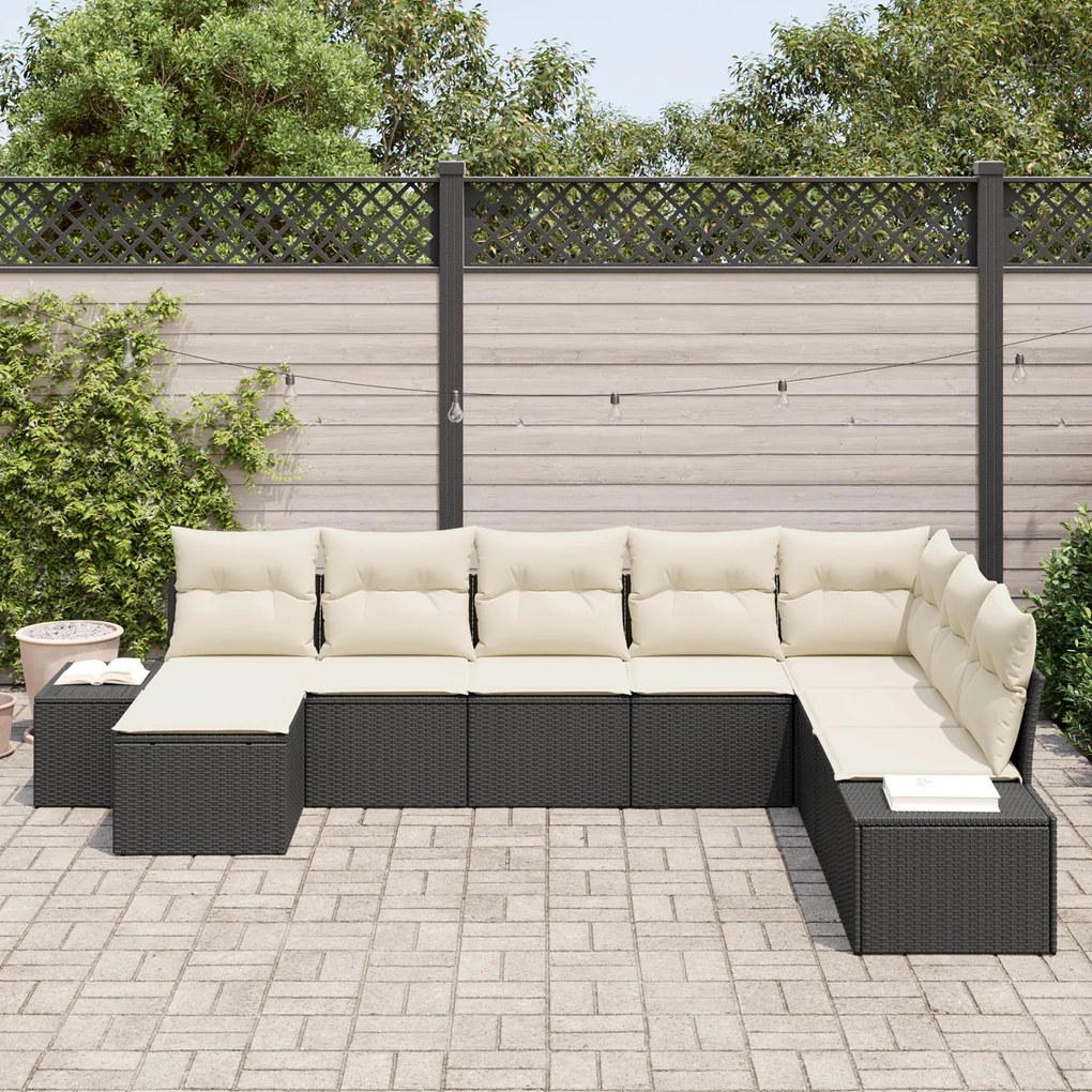 Conjunto de Sofá de Jardim de 8 Peças com Almofadas Preto Poliéster