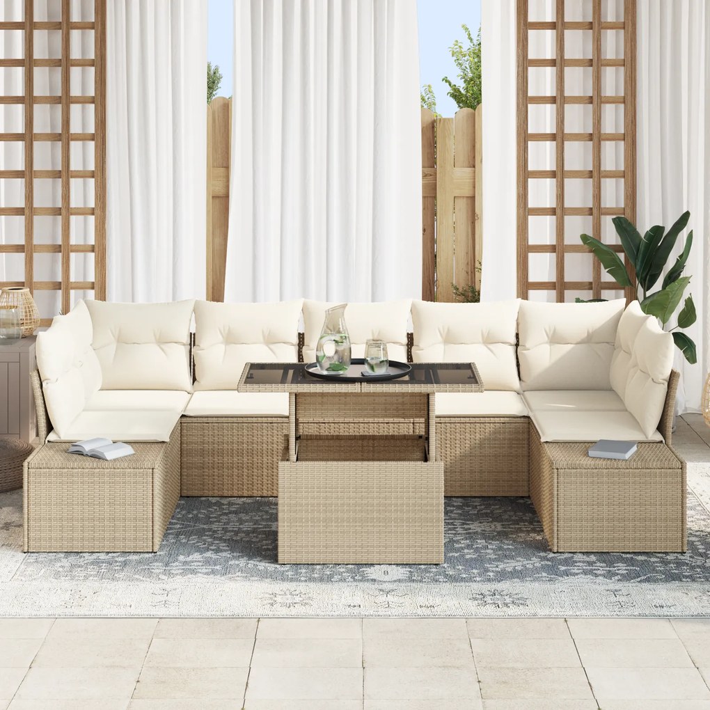 Conjunto de Sofá de Jardim 8 Peças com Almofadas Bege em Rattan Sintét