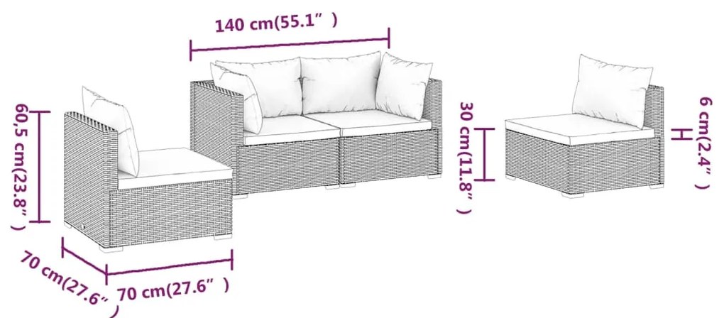 4 pcs conjunto lounge jardim c/ almofadões vime PE castanho