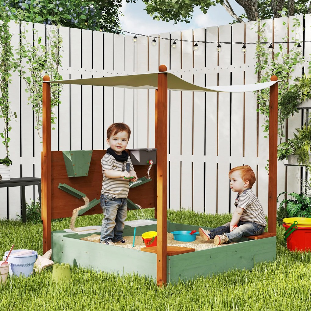 Caixa de Areia para Crianças de Madeira com Teto 2 Assentos 2 Caixas Torneira Funil 116x112,5x128 cm Verde