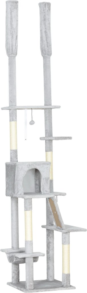 Árvore para gatos do chão ao teto, com arranhador, altura ajustável de 225 a 255 cm, 6 níveis e nicho com rede, cinza claro