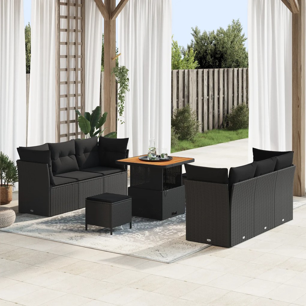 Conjunto de Sofá de Jardim VidaXL de 9 Peças com Almofadas Preto Rattan Poli Acácia