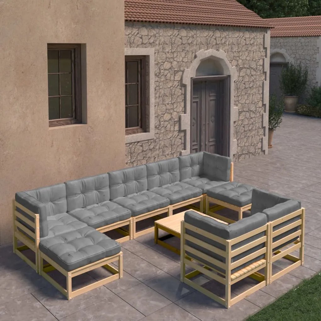 10 pcs conjunto lounge de jardim c/ almofadões pinho maciço