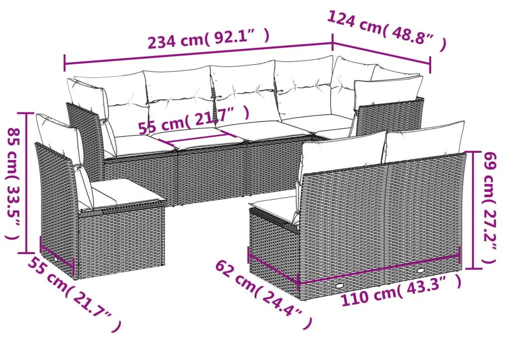 8 pcs conjunto sofás de jardim com almofadões vime PE preto