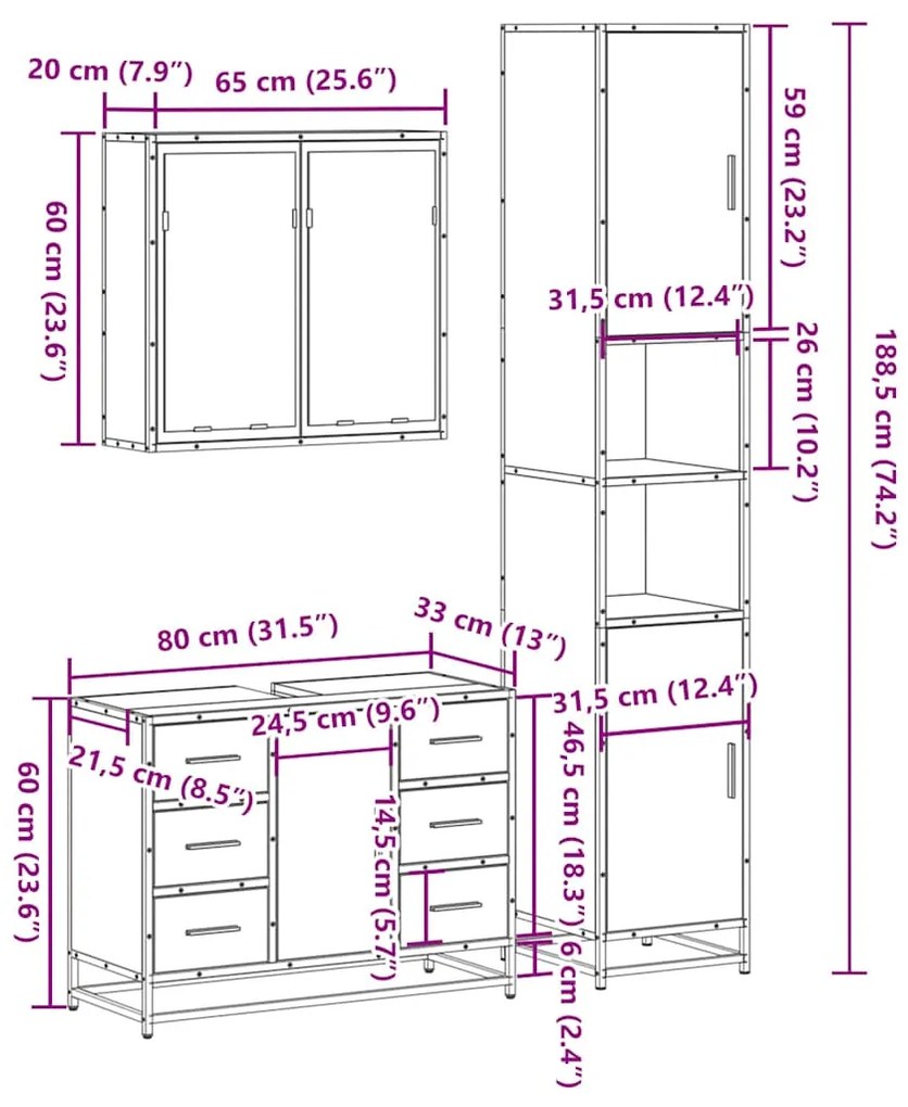 3 pcs Conjunto móveis casa de banho madeira proc. cinza sonoma