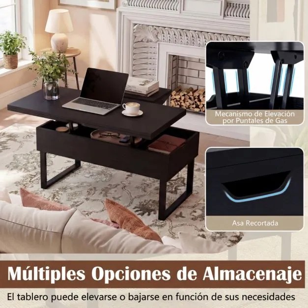 Mesa de centro conversível 3 em 1 com tampo elevável 100 x 50 x 49 cm e 3 compartimentos ocultos de madeira para sala de estar Preta