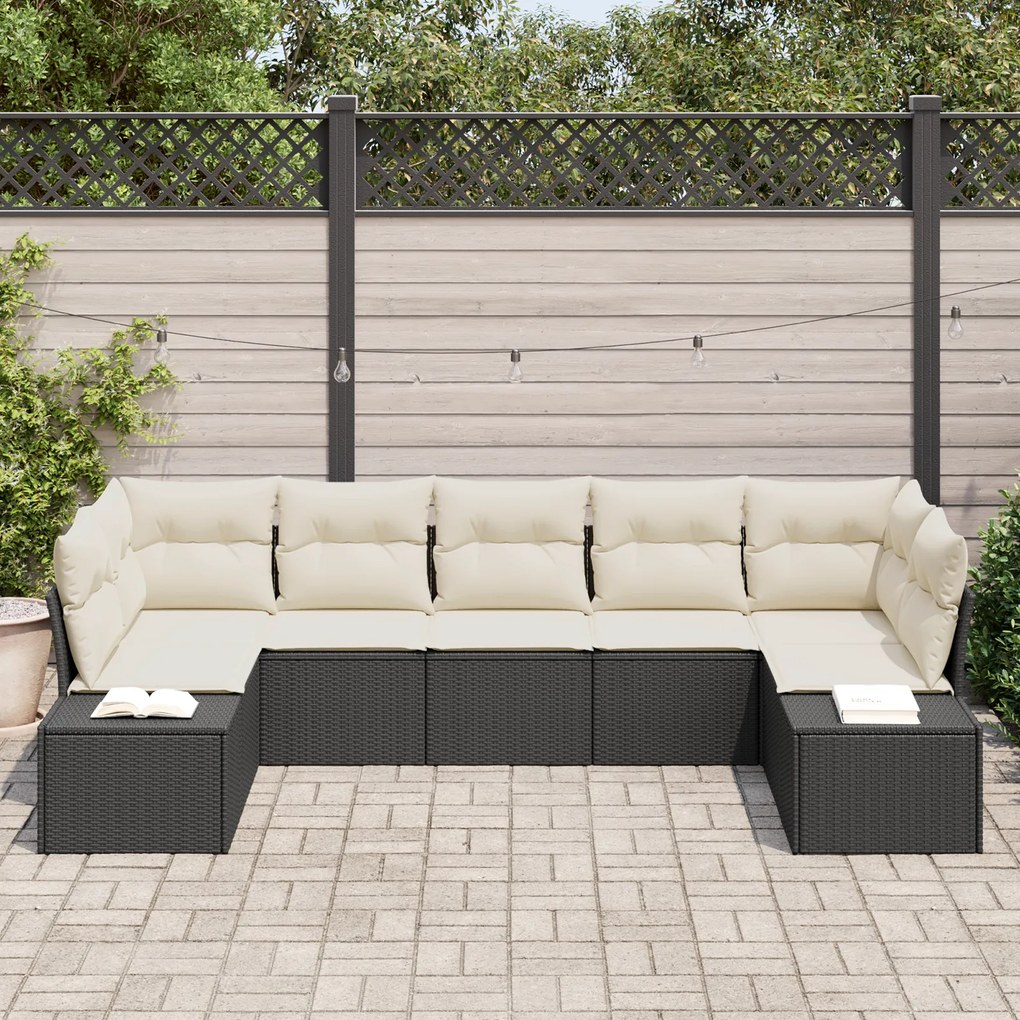 Conjunto de Sofá de Jardim de 7 Peças com Almofadas em Rattan Preto