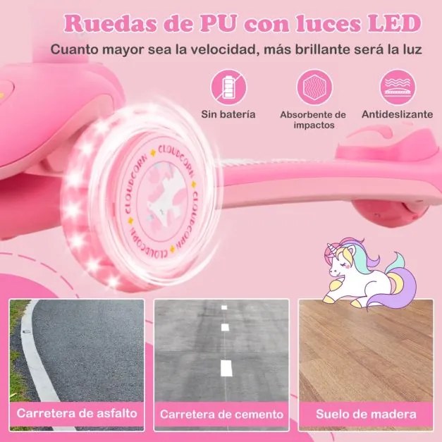 Trotinete Dobrável para Crianças 37-60 Meses com Rodas PU Luz LED Travão Traseiro Inclinação Direção Guiador Ajustável Púrpura