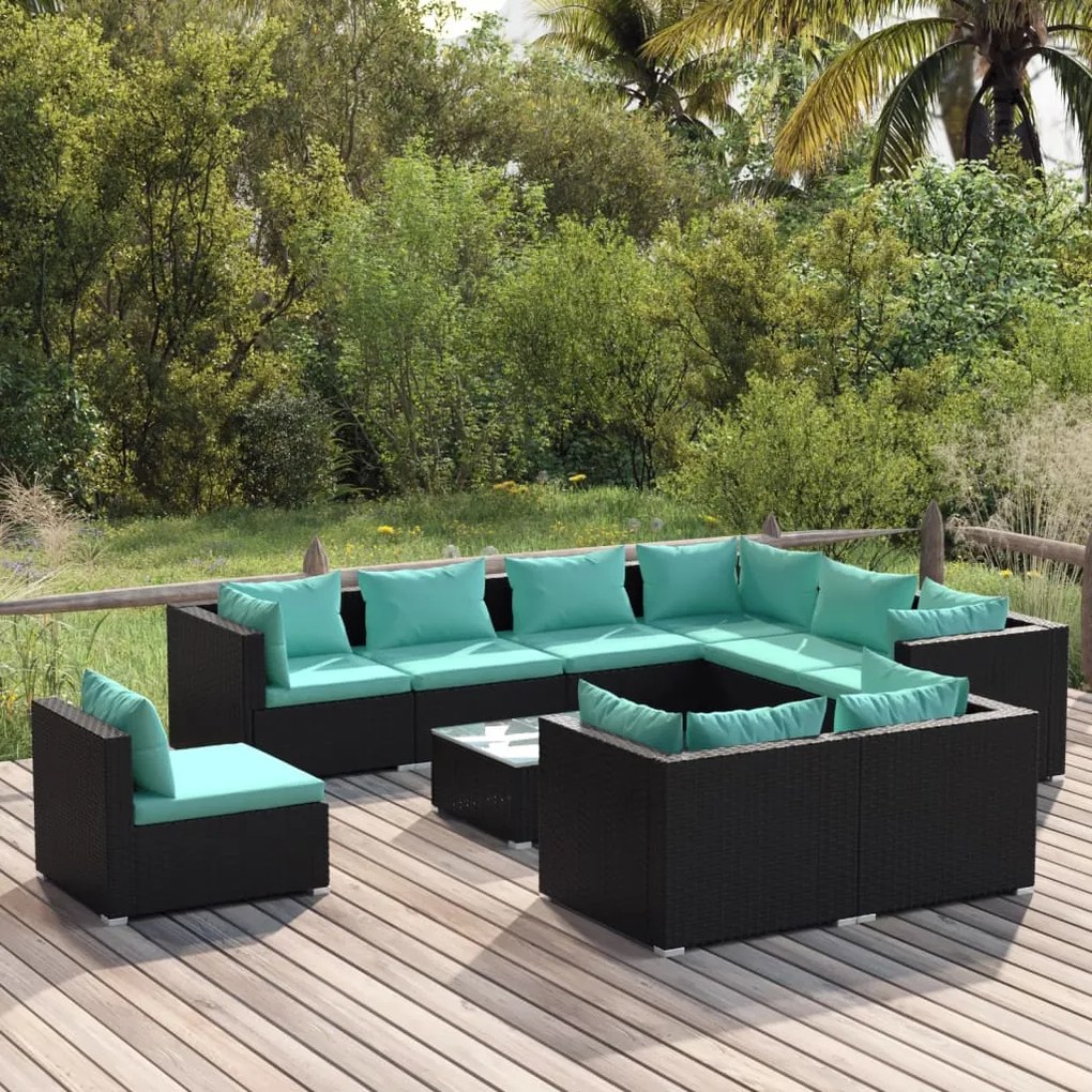 vidaXL 10 pcs conjunto lounge de jardim c/ almofadões vime PE preto