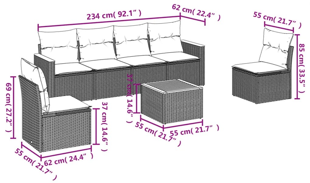 7 pcs conjunto de sofás p/ jardim com almofadões vime PE bege