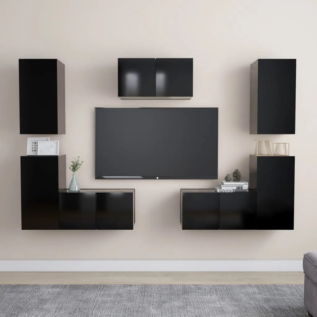 vidaXL 7 pcs conjunto de móveis de TV derivados de madeira preto