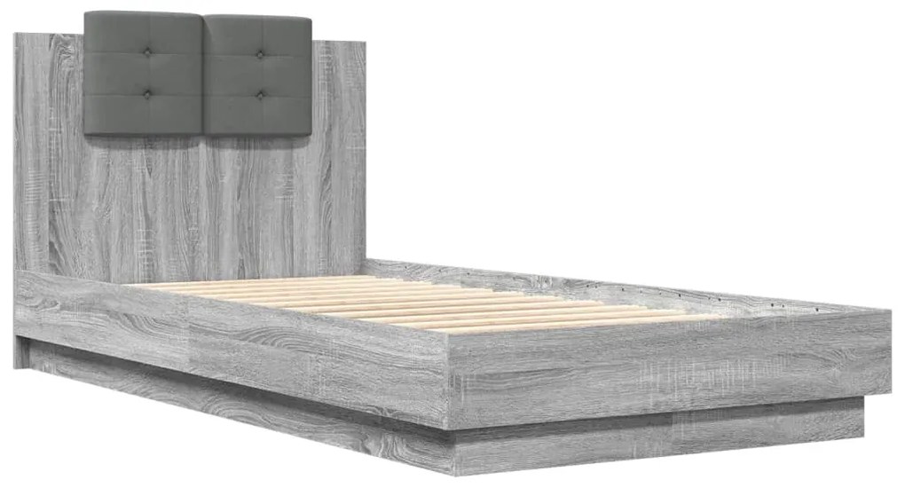 Estrutura de cama c/ cabeceira/luzes LED 90x190 cm cinza sonoma