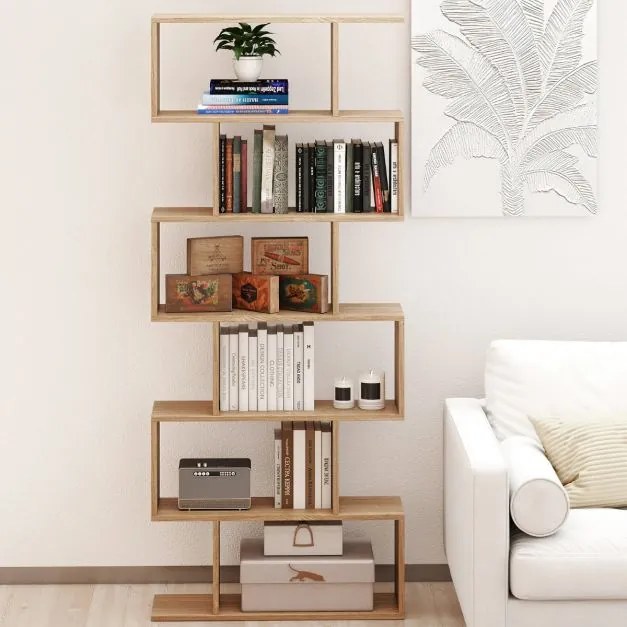 Estante de livros de 6 níveis em forma de S 80 x 23 x 191 cm para escritório ou sala de estar Natural