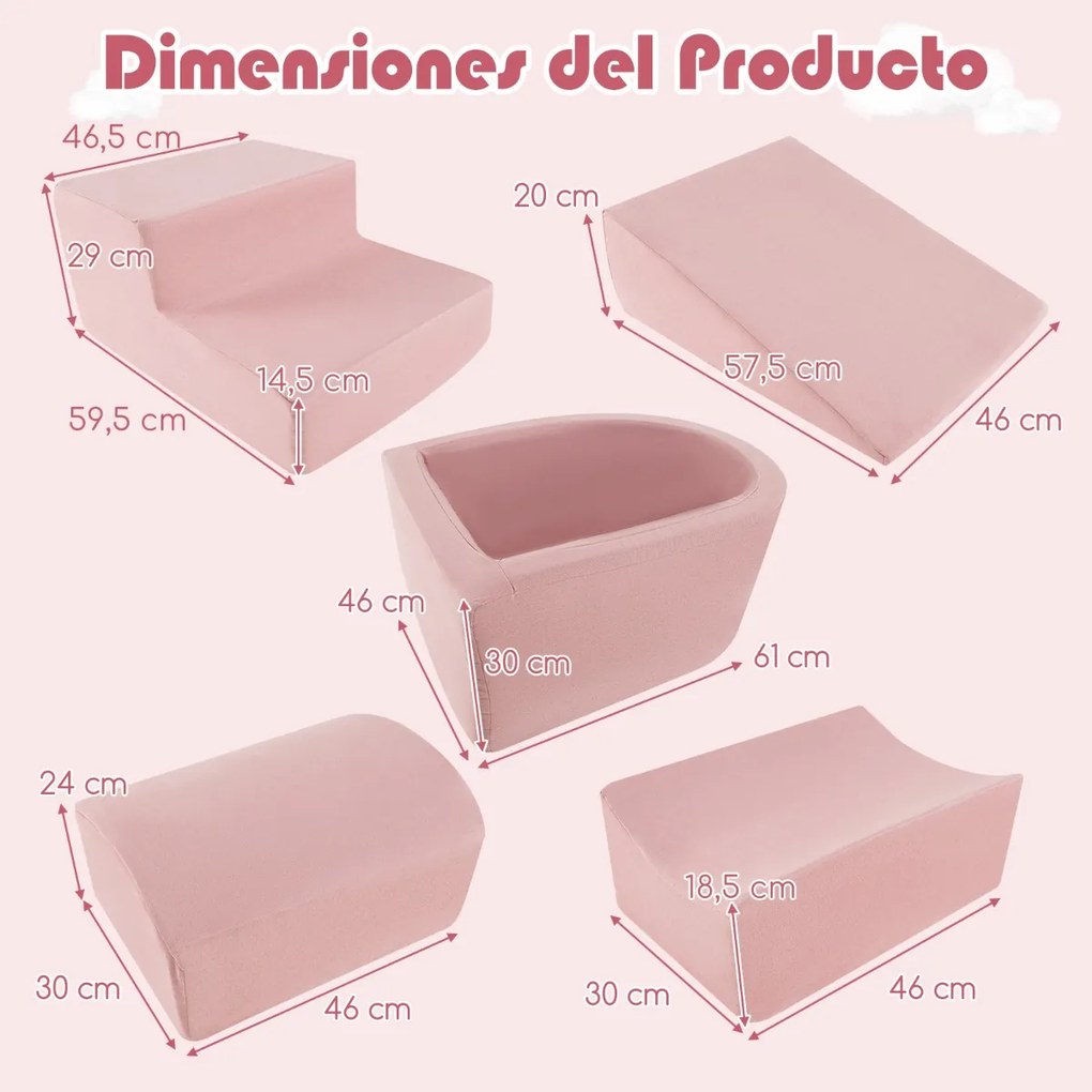 Conjunto de 5 peças para escalada e rampa para crianças Blocos de construção em esponja com piscina de bolas Cobertura lavável Criativa Rosa