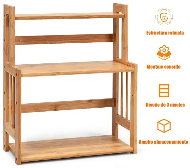 Suporte para especiarias em bambu com 3 níveis de prateleiras abertas e superfície impermeável para cozinha, casa de banho e quarto 41,5 x 18 x 50 cm