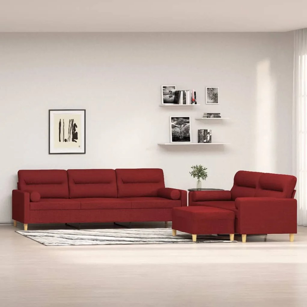 vidaXL 3 pcs conjunto de sofás c/ almofadões tecido vermelho tinto
