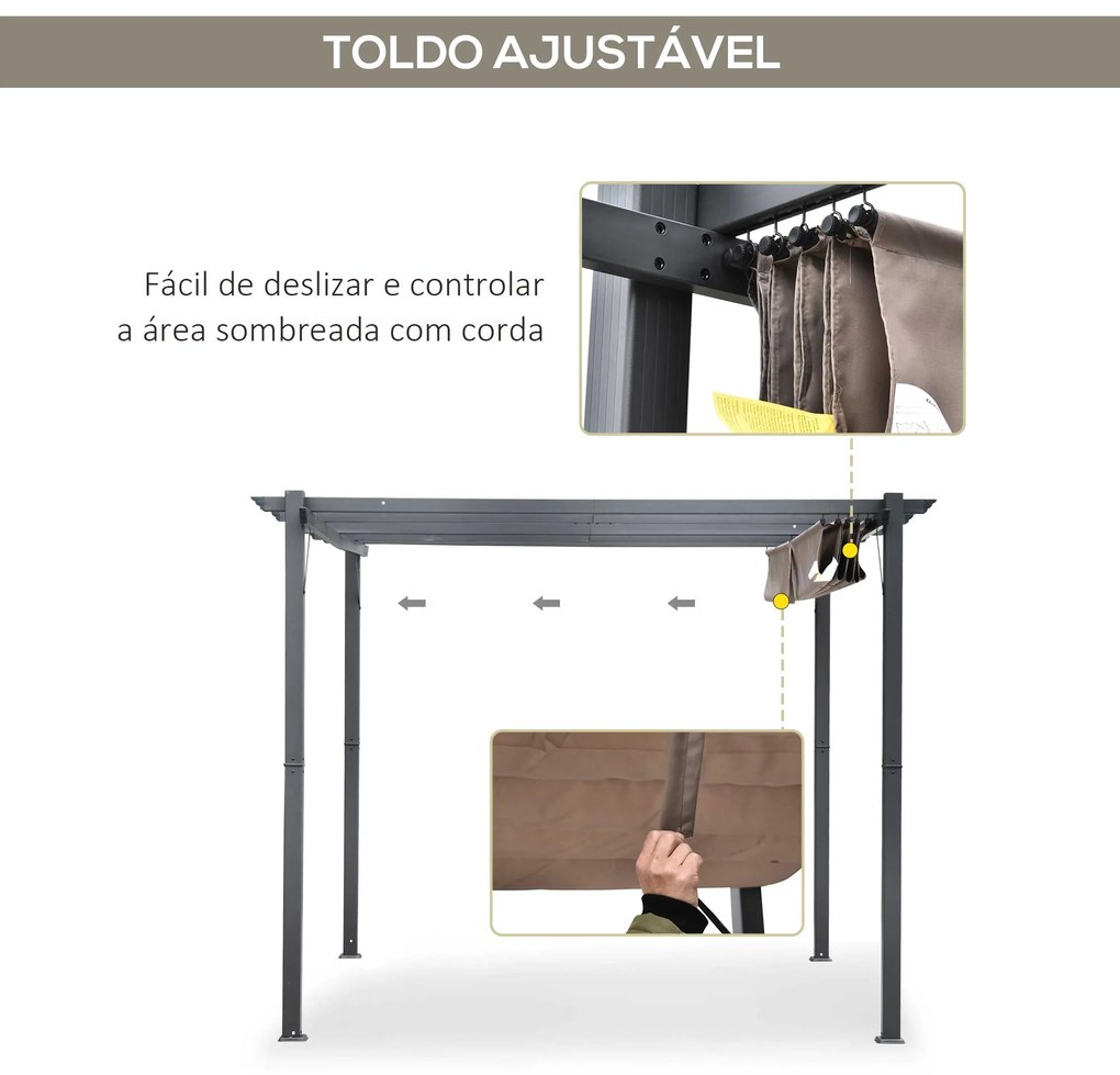 Pérgola de Jardim com Toldo de Poliéster Retrátil e Estrutura de Alumínio para Exterior Pátio 3x3 m Cinza e Castanha