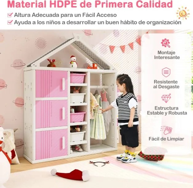Guarda roupa para crianças, infantil 130 x 34 x 156 cm com caixa, prateleiras e cesto lateral Rosa