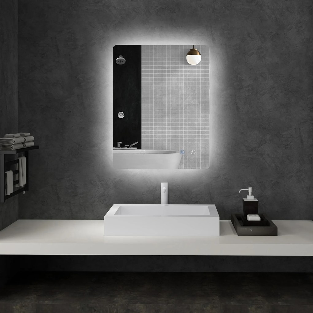 Espelho retangular de parede com iluminação LED para casa de banho, 80 x 60 cm, luminosidade regulável, branco transparente