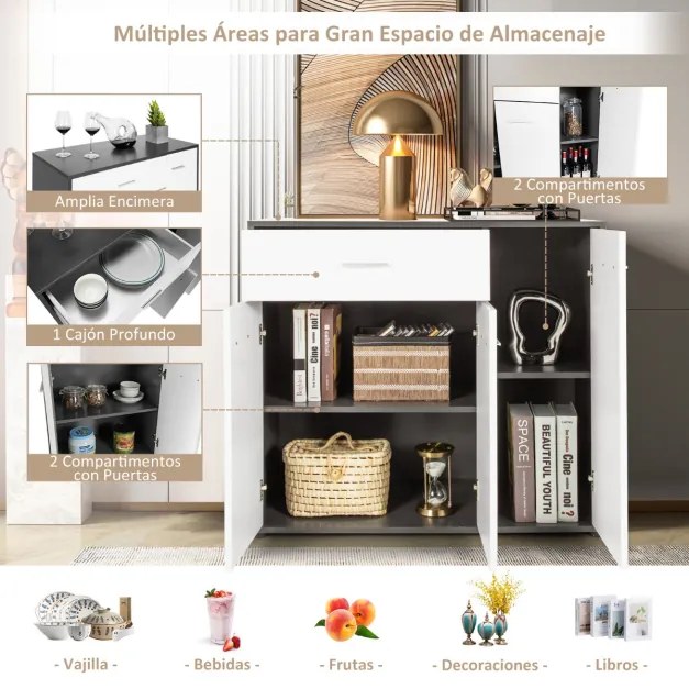 Aparador moderno de chão com 3 portas, dispositivo anti-queda e Estante ajustável para cozinha, sala de jantar, hall de entrada 88 x 40 x 80 cm Preto