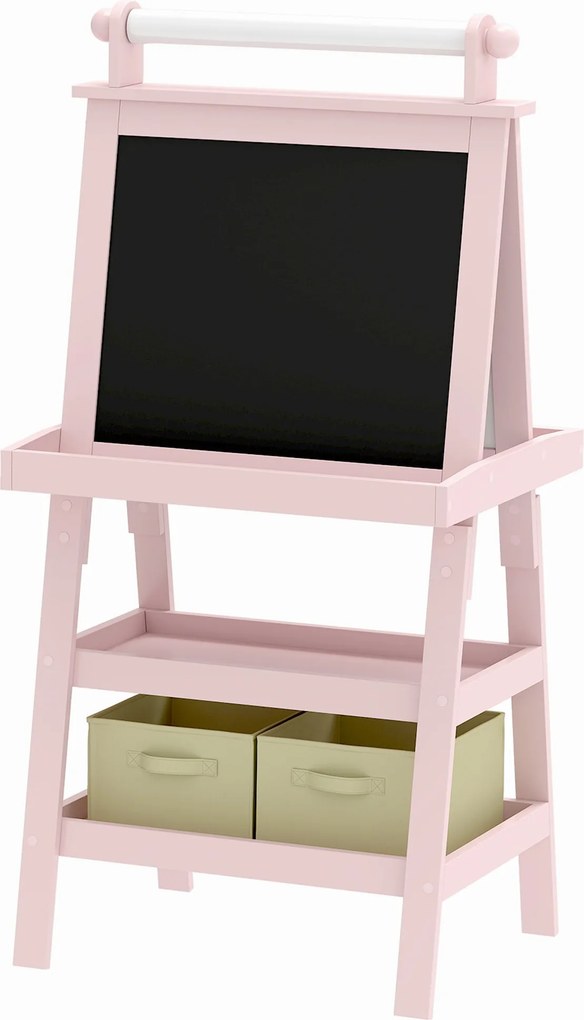 AIYAPLAY Cavalete de Pintura Infantil 3 em 1 Quadro Dupla Face com Rolo de Papel e Cestos de Arrumação Rosa | Aosom Portugal