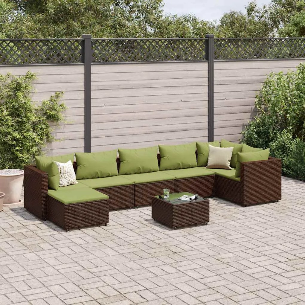8 pcs conjunto lounge de jardim c/ almofadões vime PE castanho